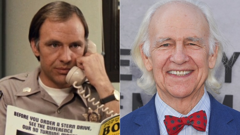 Robert Pine on "CHiPs" on the left and smiling at the "Five Days at Memorial" premiere in 2022 on the right.