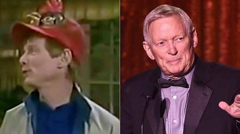 Split image of Bobby Herbeck acting in Small Wonder and speaking onstage in 2017.