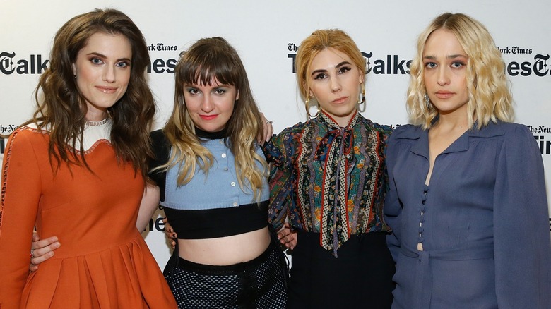 Allison Williams, Lena Dunham, Zosia Mamet, and Jemima Kirke posing together in 2017
