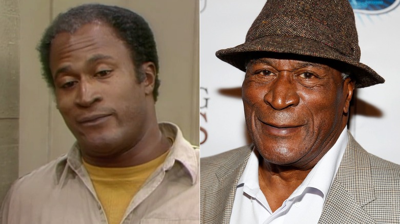 Split image of John Amos in "Good Times" and at the screening of "Showing Roots" in 2016