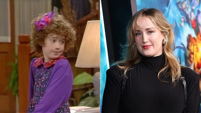 Split photo of Ashley Johnson as Chrissy Seaver on "Growing Pains" versus smiling at the premiere of "Much Ado About Nothing"