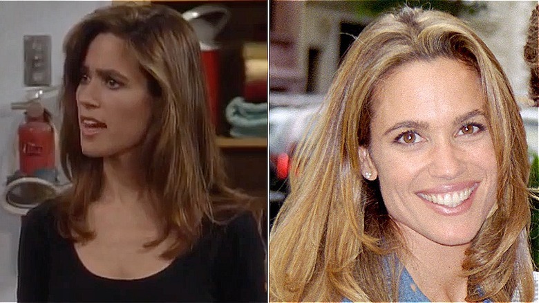 Split photo of Chelsea Noble as Kate MacDonald on "Growing Pains" versus smiling at the Westbury Hotel in New York