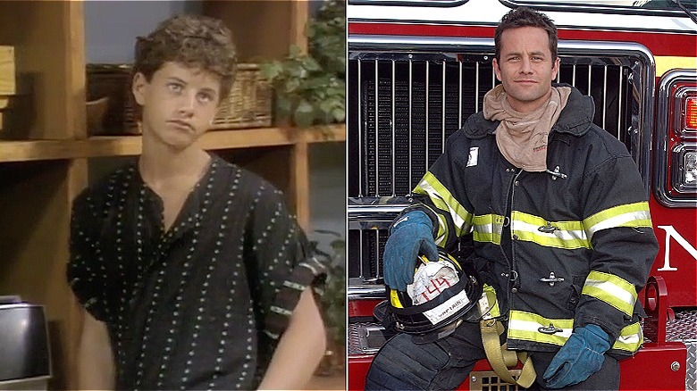 Split photo of Kirk Cameron as Mike Seaver on "Growing Pains" versus at the premiere of "Fireproof" at the FDNY Training Academy