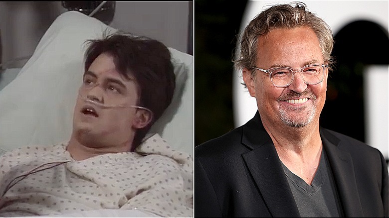Split photo of Matthew Perry as Sandy on "Growing Pains" versus at the GQ "Man of the Year" Party in 2022