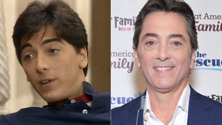 Split image of Scott Baio in "Charles in Charge" and smiling at the "To The Rescue Pup-A-Thon" event in 2023