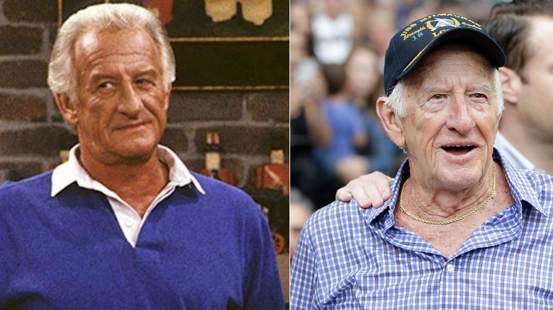 Split image of Bob Uecker acting on Mr. Belvedere and attending a sports event in later years.
