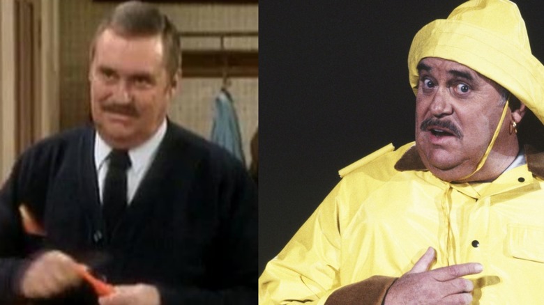 Split image of Christopher Hewett acting on Mr. Belvedere and performing onstage in a yellow raincoat and hat.
