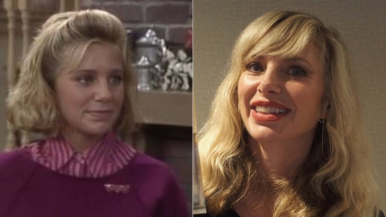 Actor Michele Matheson smiles off screen as a teenager in "Mr. Belvedere" in a red sweater next to a photo of her with long blonde curly hair as an adult