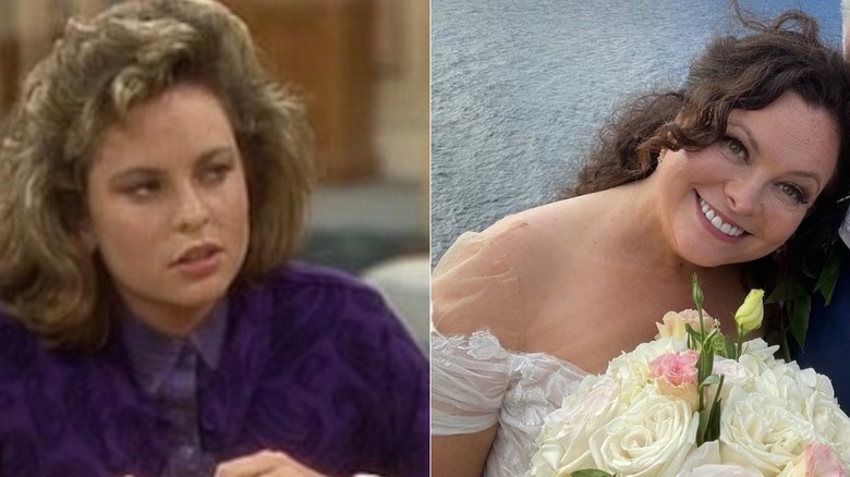 Split image of Tracy Wells acting on Mr. Belvedere and smiling on her wedding day in later years.