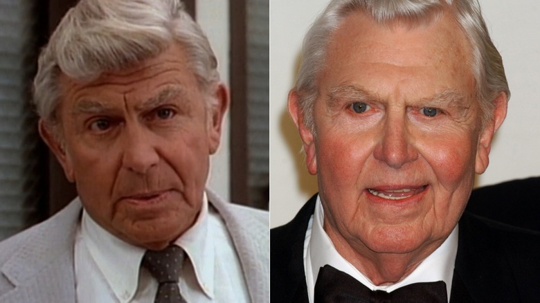 Split photo of Andy Griffith in "Matlock" and Andy Griffith smiling at TV Lands Legends Awards ceremony in 2004
