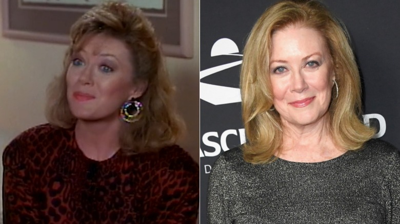 Split photo of Nancy Stafford in "Matlock" and Nancy Stafford smiling at the premiere of "Paul's Promise" in 2022