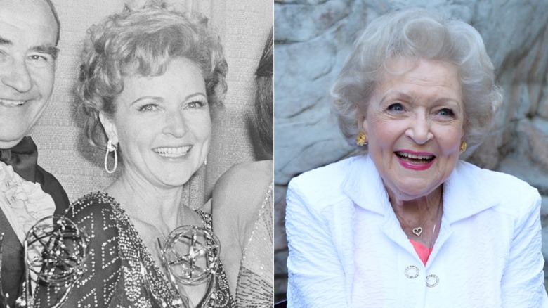 Split photo of Betty White smiling at the 1976 Emmys and smiling in a white shirt in 2015