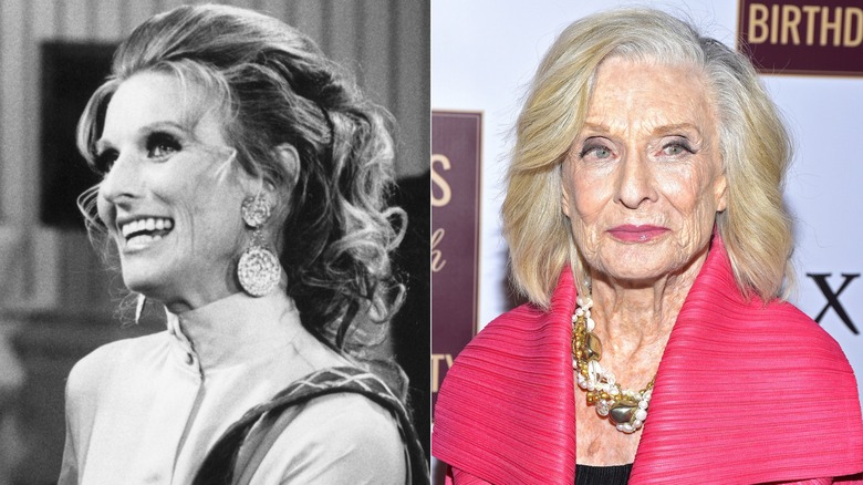 Split photo of Cloris Leachman on "The Mary Tyler Moore Show" and at Ed Asner's 90th birthday in 2019