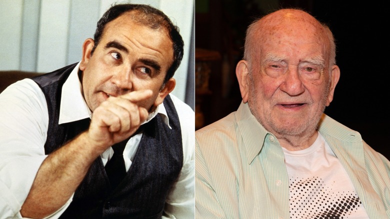 Split photo of Ed Asner on "The Mary Tyler Moore Show" versus sitting with a green shirt in 2021