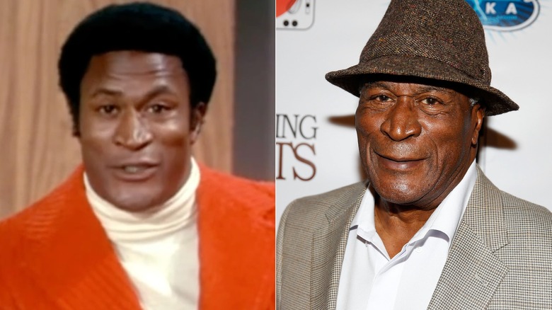 Split photo of John Amos on "The Mary Tyler Moore Show" and attending a screening in 2016