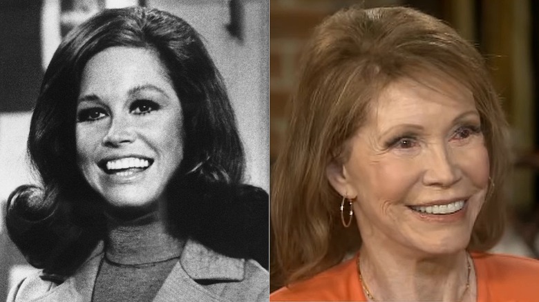 Split photo of Mary Tyler Moore as Mary Richards versus Mary Tyler Moore in 2013