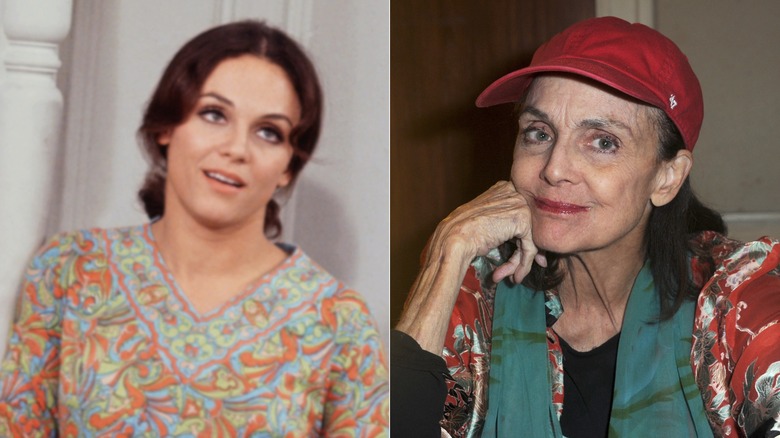 Split photo of Valerie Harper on "The Mary Tyler Moore Show" and wearing a red cap in 2017