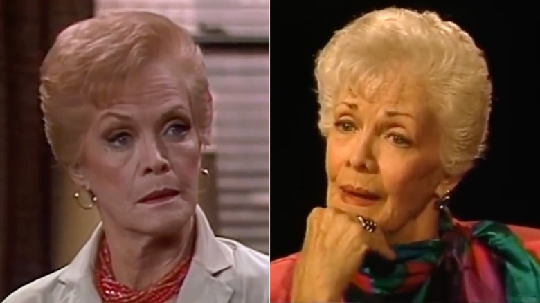 Split image of Carol Bruce in a scene from WKRP and in a subsequent TV interview