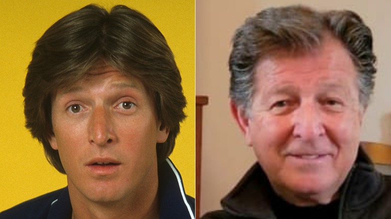 Split image of Gary Sandy in WKRP publicity shot, and many years later, and