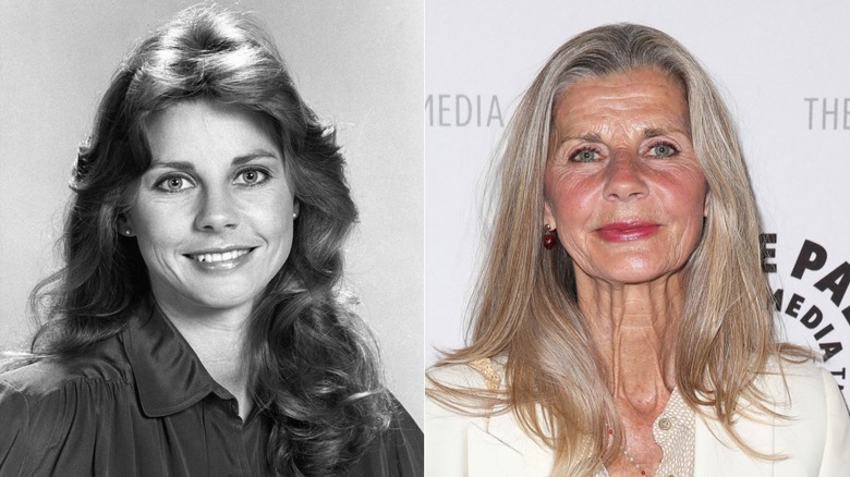 Split image of Jan Smithers in a publicity still for WKRP in Cincinnati, and in the 202s
