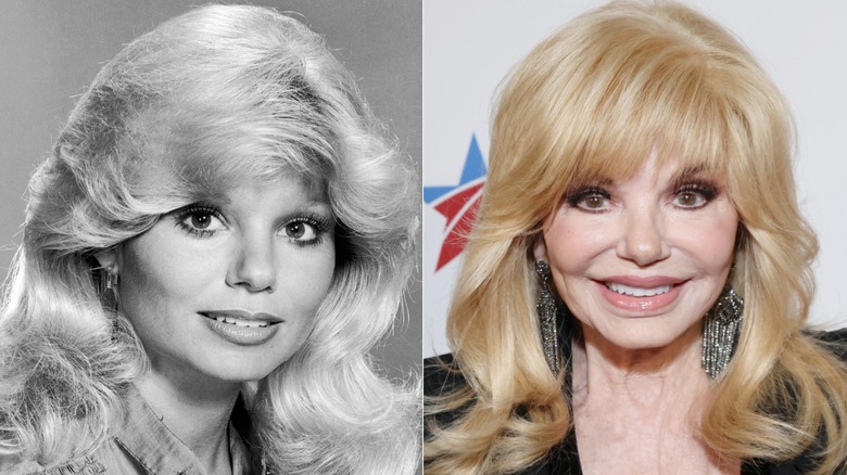 Split image of Loni Anderson in a promo photo to WKRP, and in the 2020s