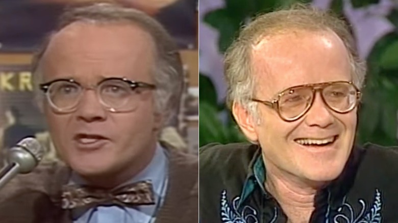 Split image of Richard Sanders in WKRP, and during a TV talk show