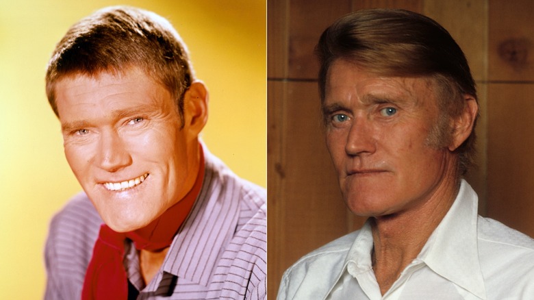 Chuck Connors posing for a photo for "The Rifleman" in 1958 & making a public appearance circa 1987