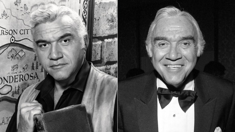 Lorne Greene on the set of "Bonanza" in 1965 & at a formal event circa the '80s