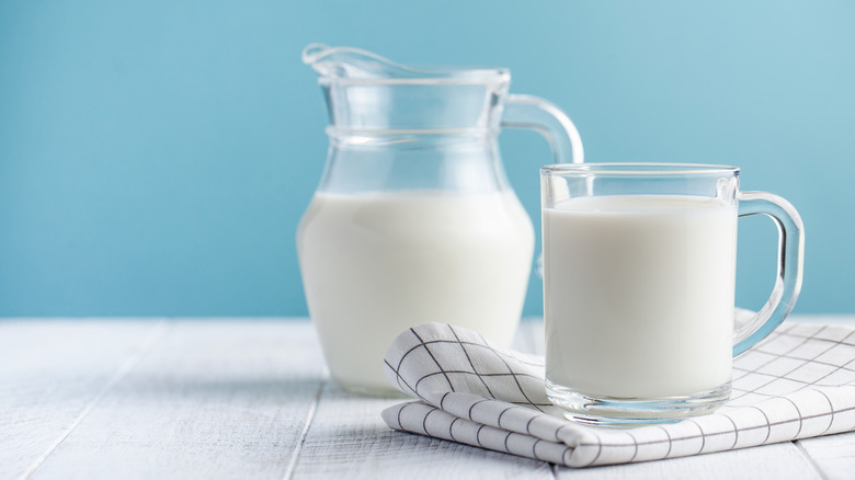 A pitcher and glass of milk 