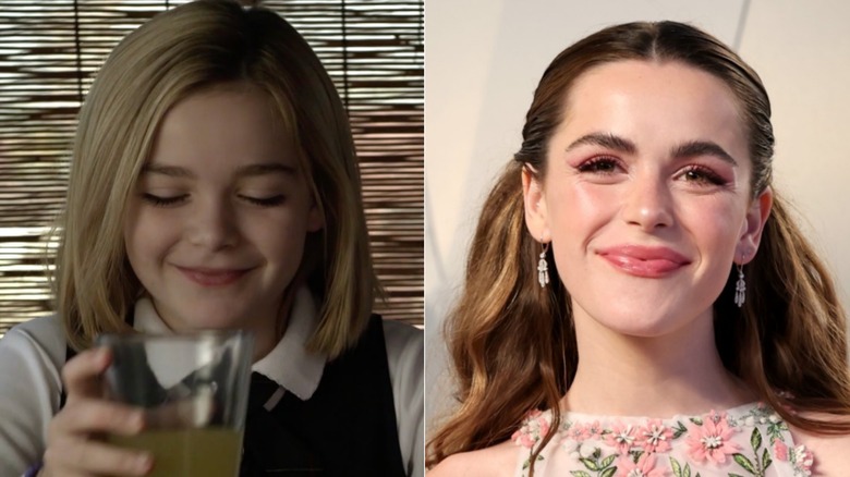 Split image of Kiernan Shipka in "Smooch" and at an event in 2026