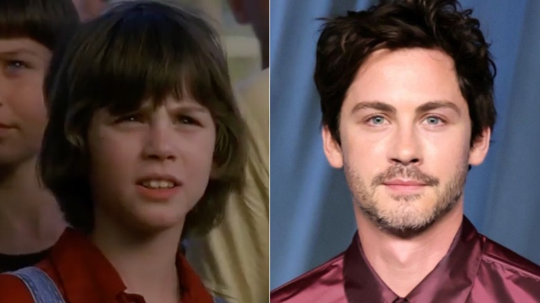 Split image of Logan Lerman in "A Painted House" and at an event in 2025