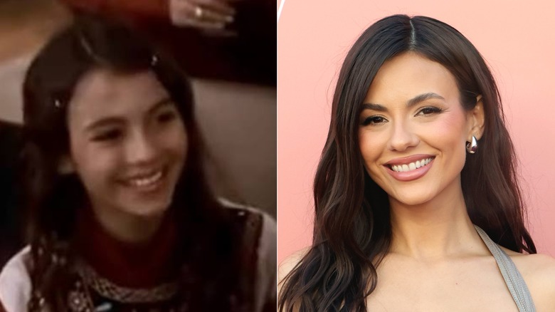 Split image of Victoria Justice in "Silver Bells" and at an event in 2026