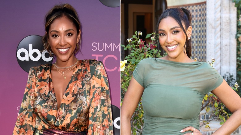 Split image of Tayshia Adams in 2019 and in 2026