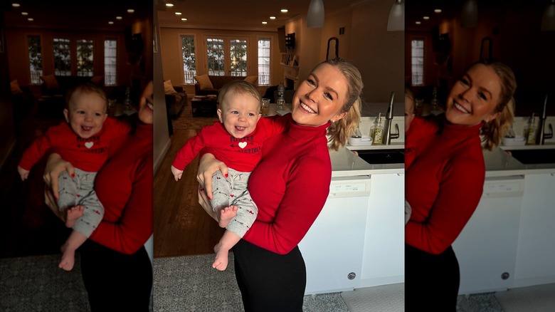 Karoline Leavitt and Niko red outfits in her kitchen