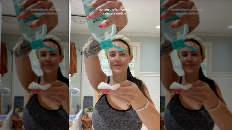 A screenshot of a TikTok of Chelsea Blackwell doing her skincare