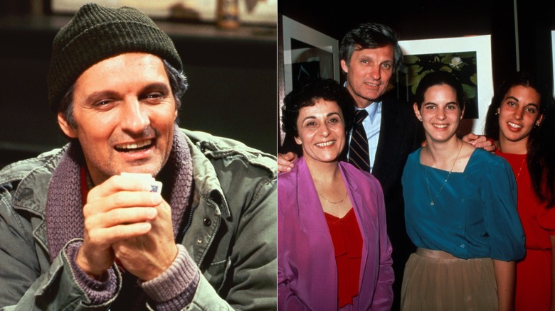 Split image of Alan Alda in MASH and with his wife and two of his daughters