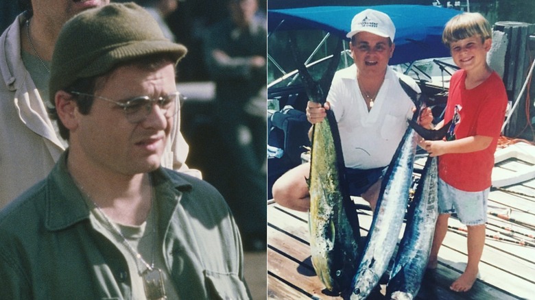 Split image of Gary Burghoff as Radar in Mash and with his son Miles fishing