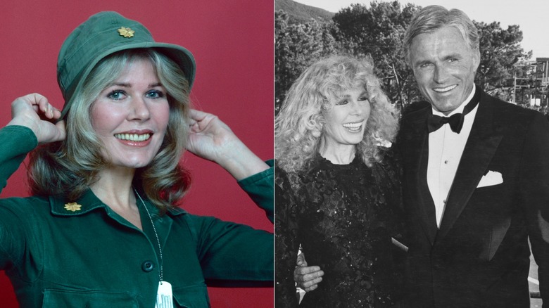 Split image of Loretta Swit as Major Houlihan in Mash and with husband Dennis Holahan