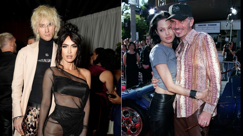 Split image of MGK and Megan Fox vs. Angelina Jolie and Billy Bob Thornton