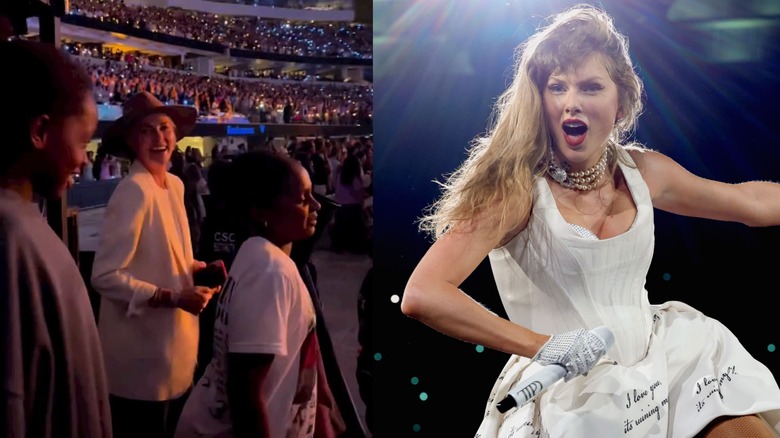 Split of Taylor Swift onstage and Charlize Theron and her daughters at a stadium
