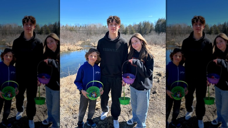 Justin Trudeau and Sophie Gregoire's three kids smile holding Easter Baskets