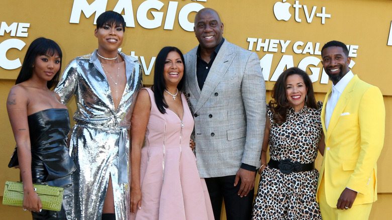 Elisa , EJ , Cookie Johnson, Magic Johnson, Lisa and Andre Johnson on a 2022 red carpet