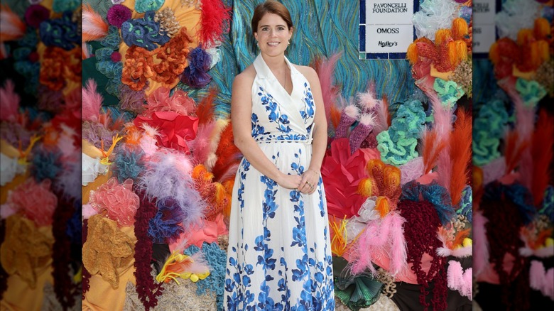 Princess Eugenie in blue and white halter style dress