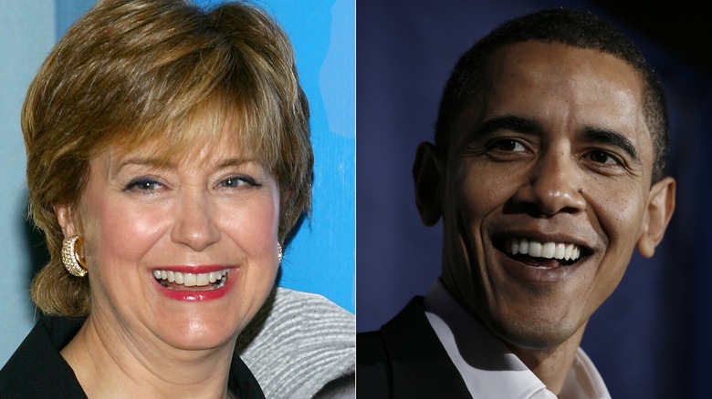 A split image of Jane Pauley and Barack Obama, both smiling, in 2008
