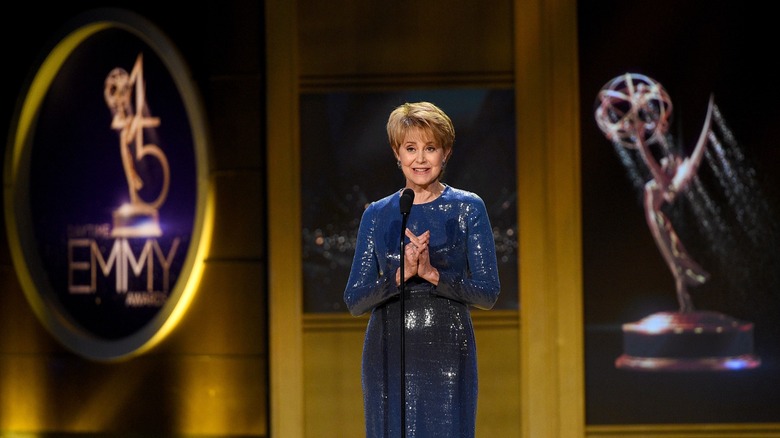 Jane Pauley in a sparkling blue dress at the Emmy Awards