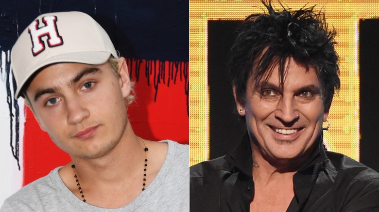 A split image of Brandon Thomas Lee leaning to the left, and Tommy Lee grinning in eyeliner