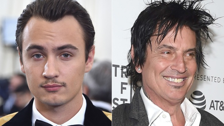 A split image of Brandon Thomas Lee in a suit, and Tommy Lee looking disheveled