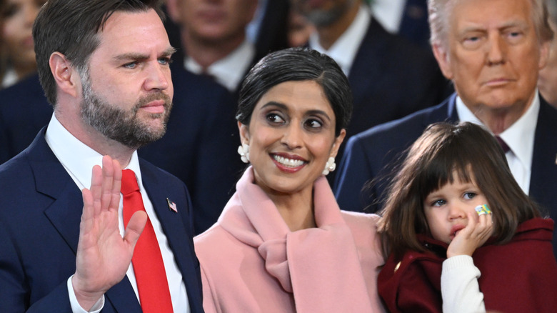 JD Vance, Usha Vance, their daughter, and Donald Trump at the inauguration ceremony