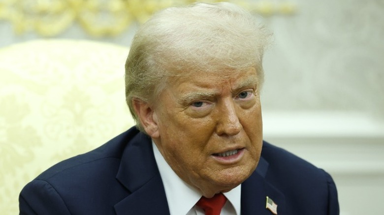 Donald Trump delivers remarks during a meeting in the Oval Office (2025)