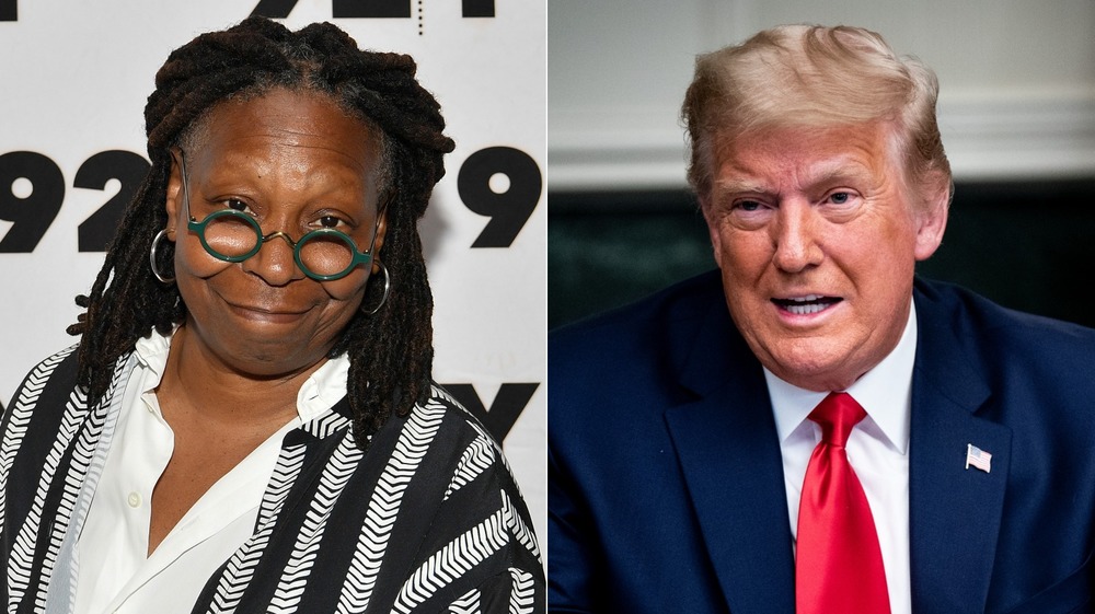 Split image of Whoopi Goldberg and Donald Trump